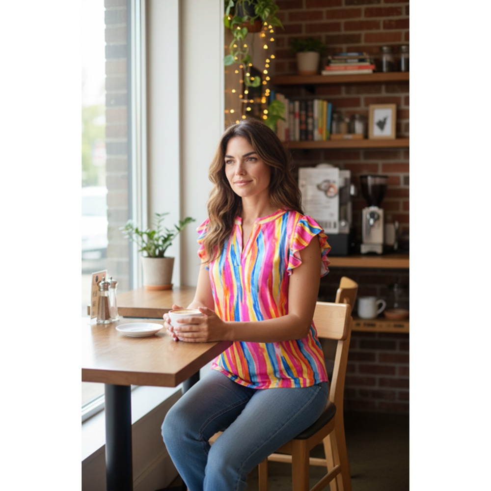 Dear Scarlett - Colorful Flutter Sleeve Lizzy Top - Large - Picture 5 of 6